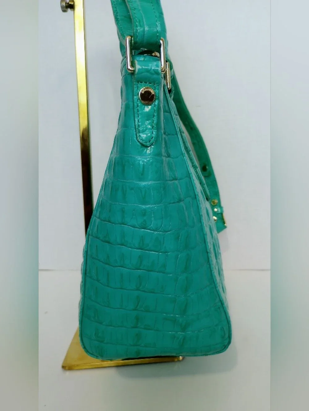 Brahmin Turquoise La Scala Mini Arno Croc Embossed Leather Crossbody Satchel Bag